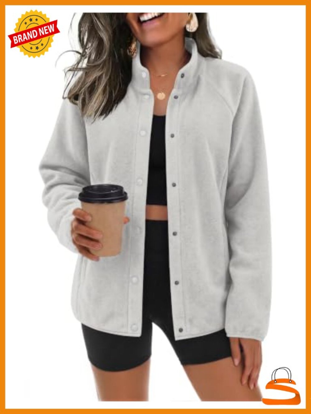 Women's Fleece Jacket Button Down Stand Collar Winter Coat with Pockets